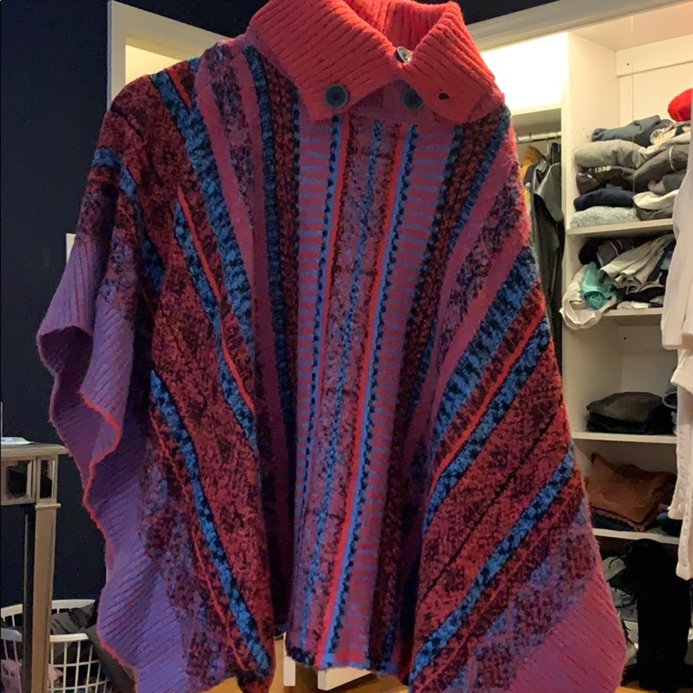 Multi-Color Turtleneck Poncho With Buttons - image 1
